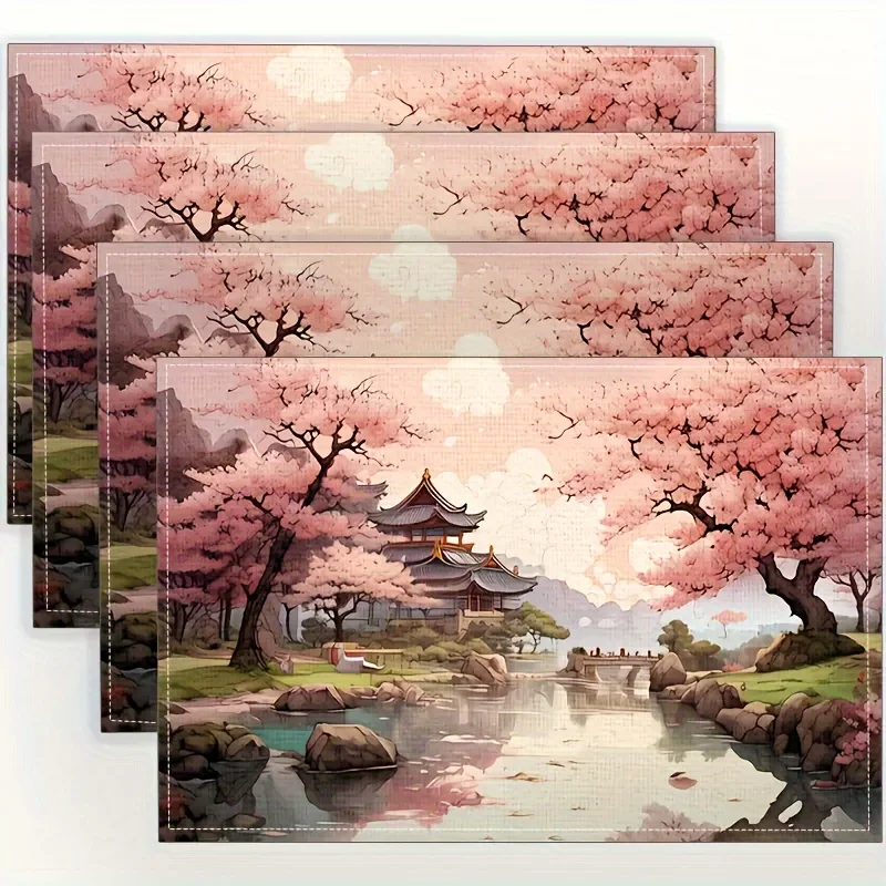 4pcs Japanese-style Cherry Blossom Design Placemats, Rustic Kitchen and Dining Decor, Perfect for Table Settings, Kitchen