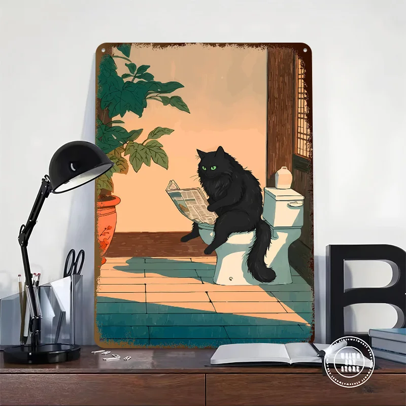 Cat Reading Newspaper on Toilet Personalized 3D Textured Metal Poster Wall Art Tinplate Sign for Home and Decoration Gaming Room