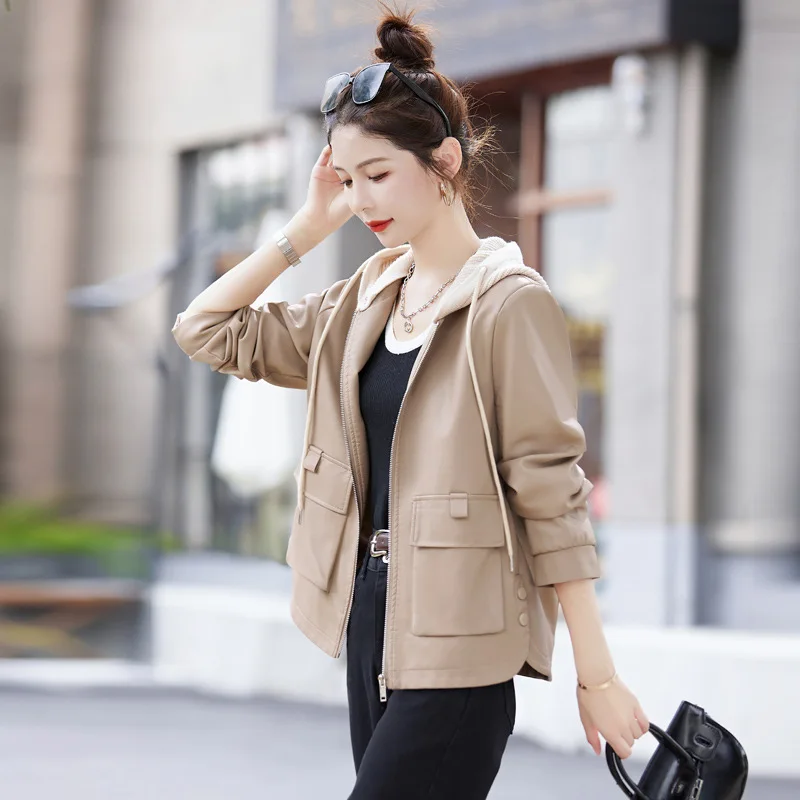 2024 new hooded casual leather jacket for women's sheepskin jacket, simple and slimming style short top