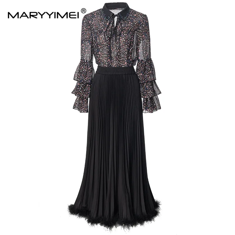 MARYYIMEI Autumn Fashion Lapel Long Sleeves Chiffon Flounce Beaded Shirt+Press Pleated Ostrich Feather Long Skirt 2-Piece Set