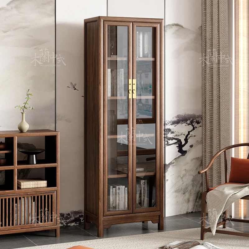 Modern Chinese Minimalist Elm Glass Display Locker Antique Zen Solid Wood Bookcase