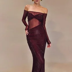 Sexy Sheer Mesh Patchwork Sequin Banquet Evening Dresses Women Spring Slash Neck Slim Long Dress Autumn Backless Hollow Vestidos