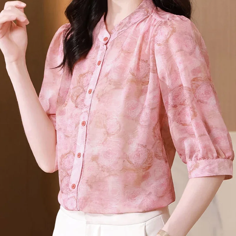 Summer Elegant Fashion Office Lady Shirt Women All Match Loose Casual Print Button Three Quarters Sleeve Round Collar Drape Top