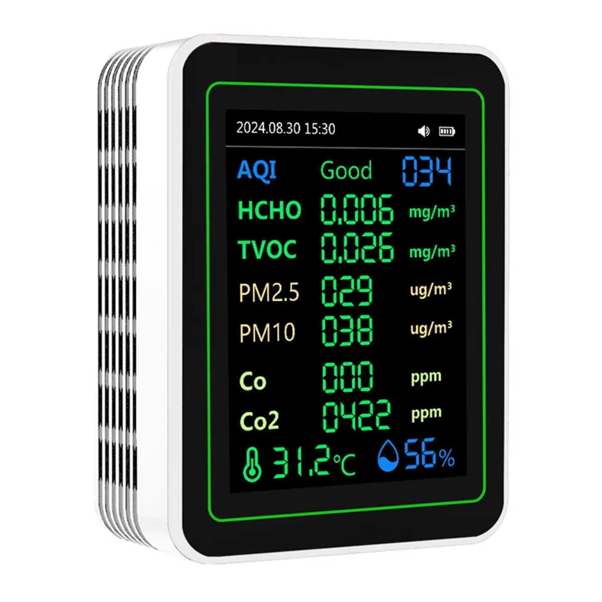 

A002 12 in 1 Air Quality Tester Temperature/Humidity /Time/CO/CO2/Curve/TVOC//PM2.5/PM10/Formaldehyde with Bracket White