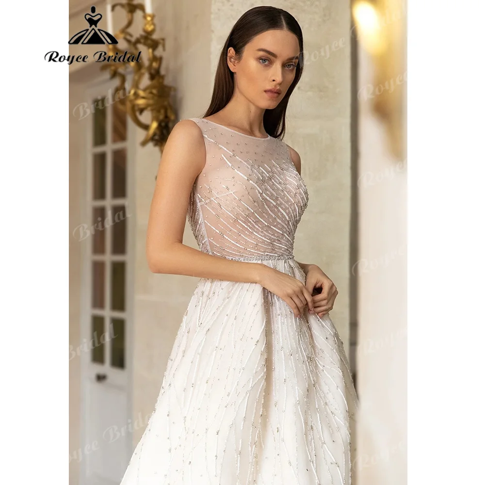Sleeveless A Line Wedding Dress Full Linear Beaded Mesh Bodice Ostrich Feather Lightweight Tulle Luxury  Bridal Gown Customized