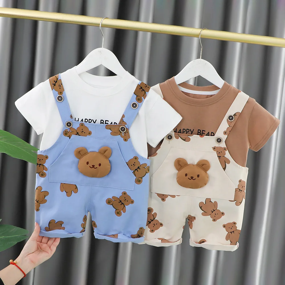 Summer Baby Boy Set Clothes Outfit Korean Cartoon Short Sleeve T-shirts and Overalls Two Piece Tracksuits for Kids Boys Clothing