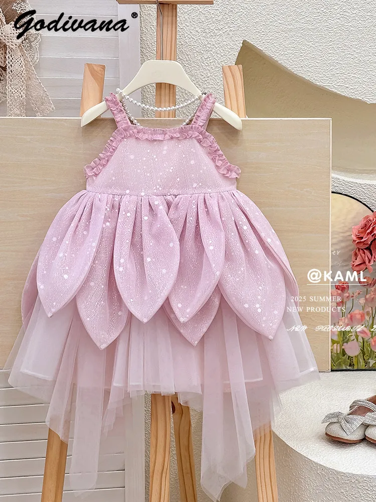 Baby Girls Summer Flower Fairy Slip Dress 2026 Kids French High End Pink Lotus Petal Tulle Sequin Princess Birthday Party Gown