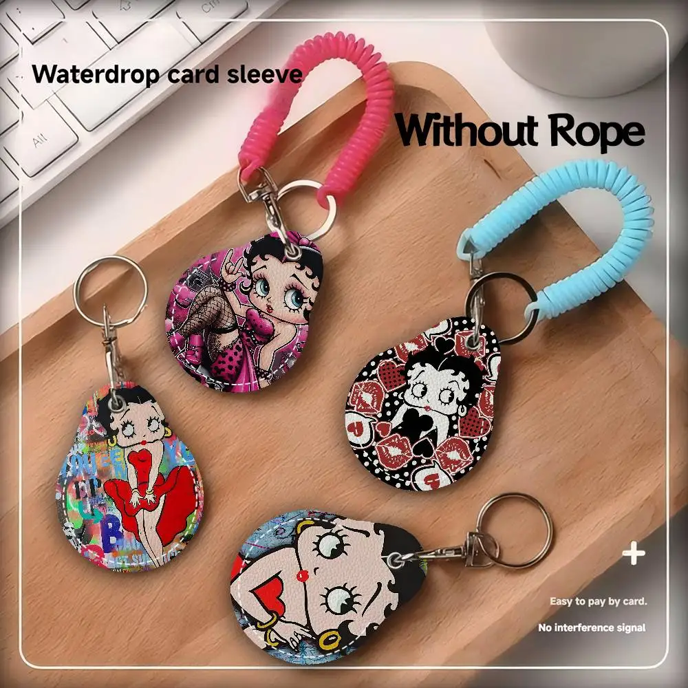B-Betty-Cute-Boop Anime Keychain Access Card Bag Key Tag Ring Leather Card Holder Keychain Key Ring Door Lock Access Tags