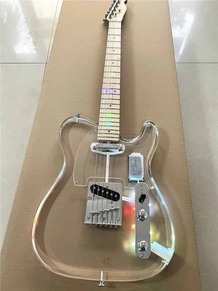 クラシックなアクリルエレキギター,LEDライト付き,高品質,透明