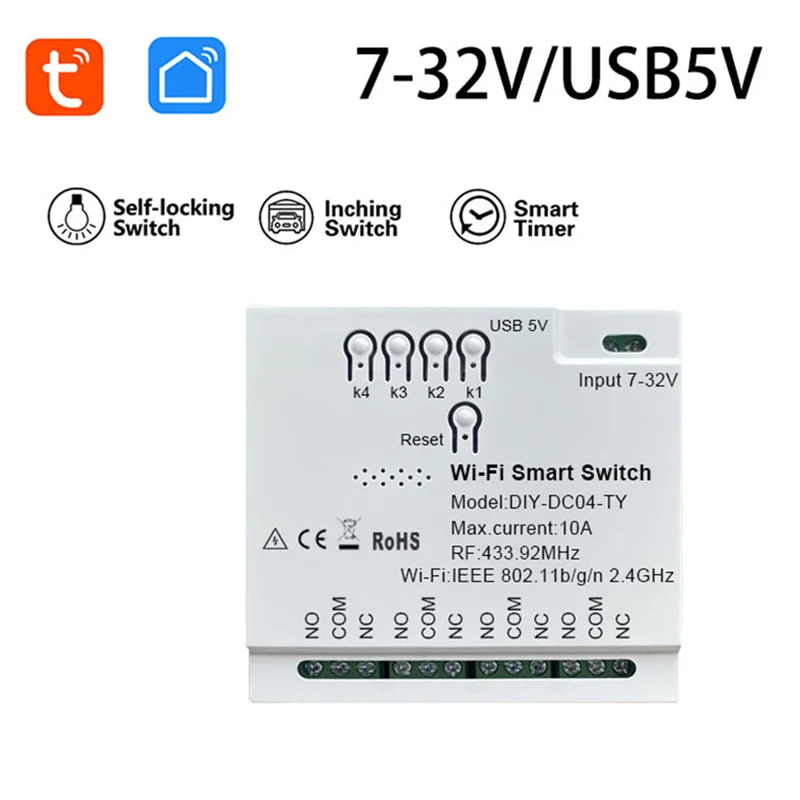 Y23A-4CH Tuya Wifi Smart Switch Smart Switch DIY Timer+Remote 7-32V USB 5V 2.4G Wifi Smartlife Home Automation Module For IFTT A
