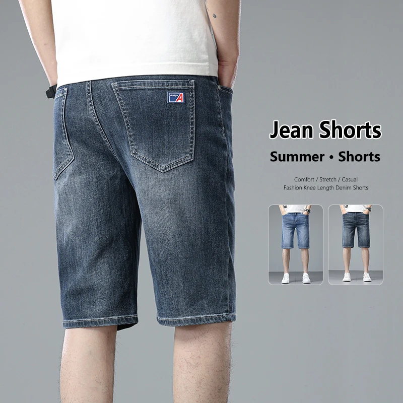 Summer Thin Men Korean Fashion Stretch Denim Shorts Classic Washed Straight Fit Knee Length Casual Versatile Jean Short Pants