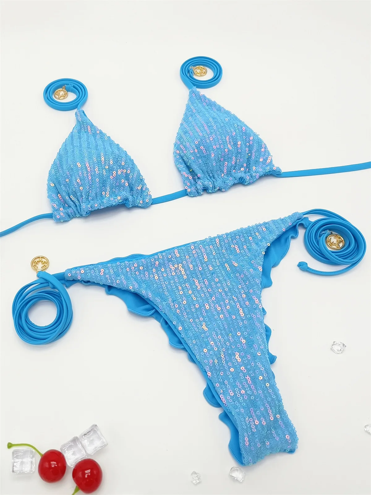 sexy glitter sequine plain bikinis sets two pieces thong tie swimsuits bathing suit beach outfits swimwear biquini tankini