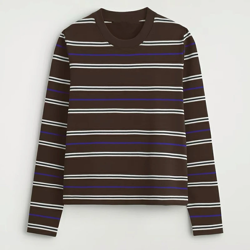 Maxdutti Minimalist Autumn Women's Round Neck Casual Long Sleeved T-shirt Brown striped T-shirt Woman Clothes Female Clothing