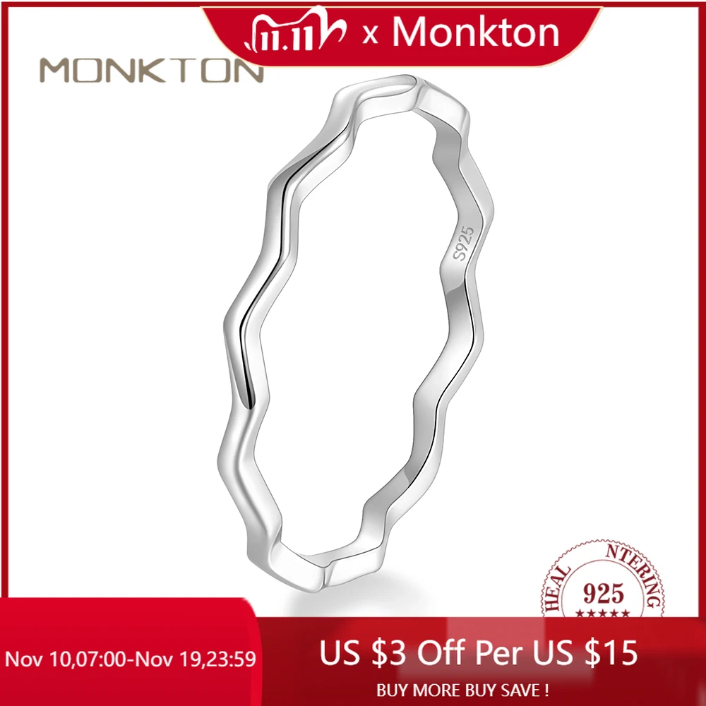 

Monkton Real s925 Sterling Silver Simple Wave Stackable Ring Classic Line Finger Rings For Women Party Jewelry Gifts
