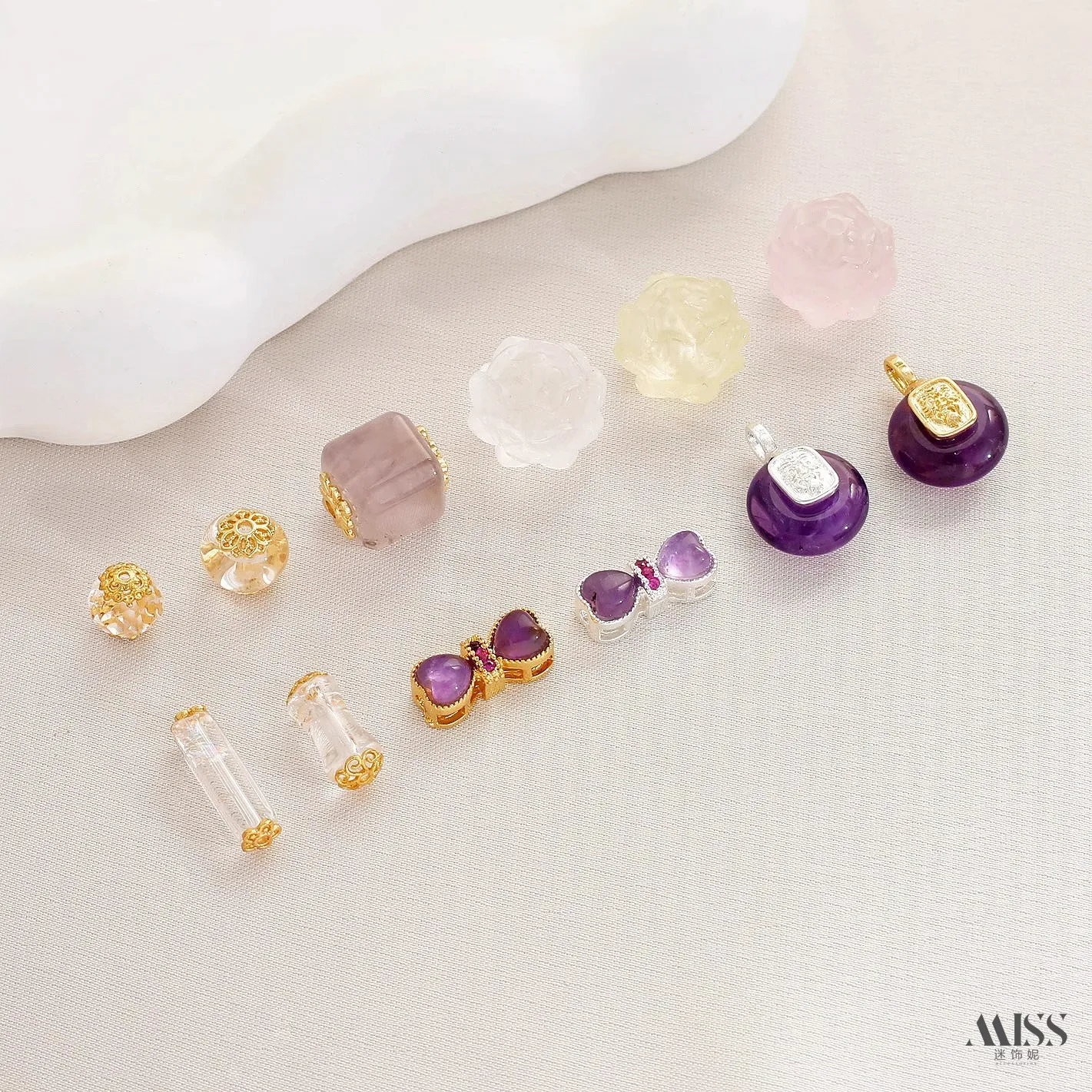 Mixed Crystal Safety Buckle Charms Lotus Bowknot Spacer Beads White Amethyst Pink Green Quartz DIY Jewelry Making Accessories