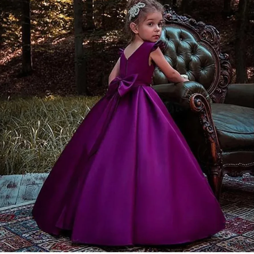 Robe de Princesse en Satin Violet pour Fille, Tenue de Mariage, Première Communion, avec Ceinture à Perles, Élégante, pour Enfant