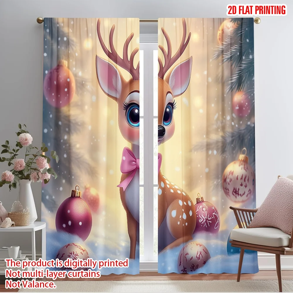 2pcs,2D plane printing Curtain Popular Cute Reindeer Christmas Ornaments 100% Polyester (without rod) Art Deco Festive Perfect