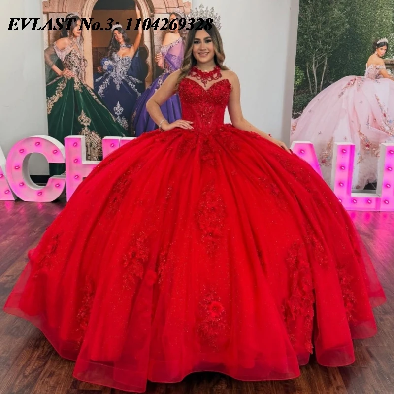 

EVLAST Индивидуальное блестящее красное платье Quinceanera, бальное платье с 3D цветочной аппликацией и бисером, большой бант Sweet 16, Vestidos De 15 Anos E3Q681