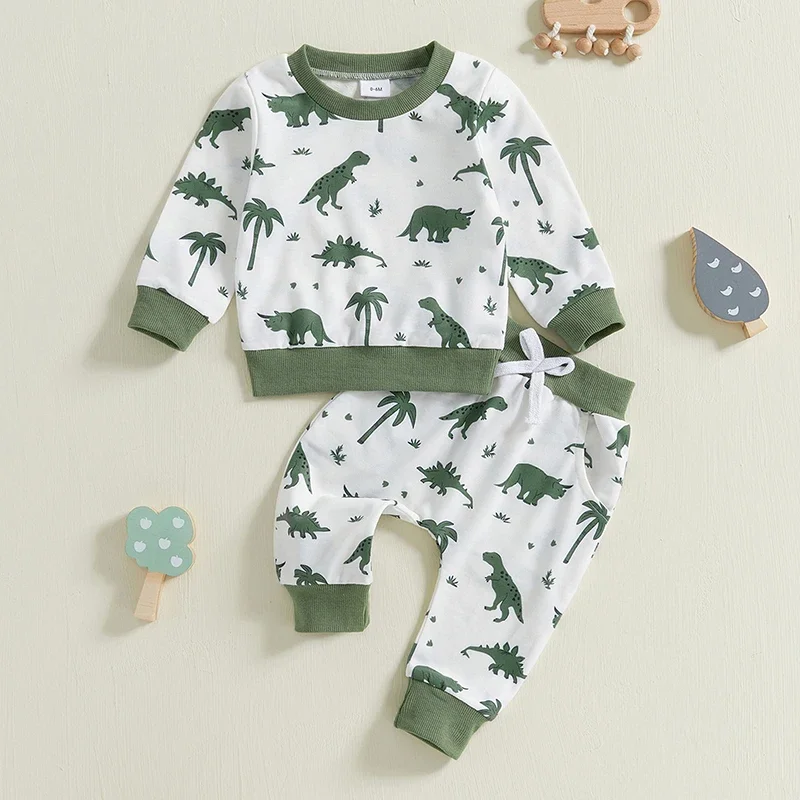 

Autumn Fashion Baby Boy Clothes Sets Boys Long Sleeve Dinosaur Print Sweatshirt Elastic Waist Pants Kids Clothing Outfit