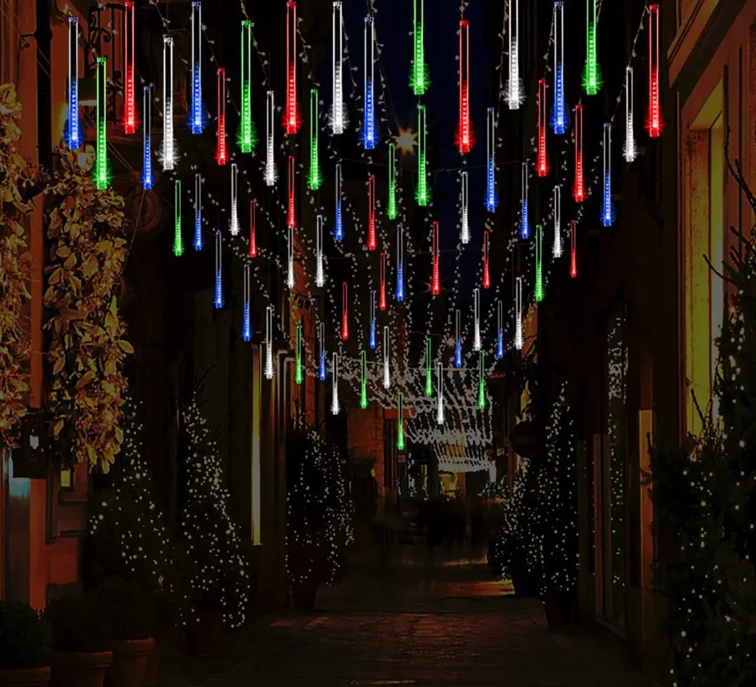 Luces de lluvia de meteoritos, 11,8 pulgadas, que caen 8 tubos, luces de gota de lluvia al aire libre, decoración de vacaciones de árbol de boda de Navidad