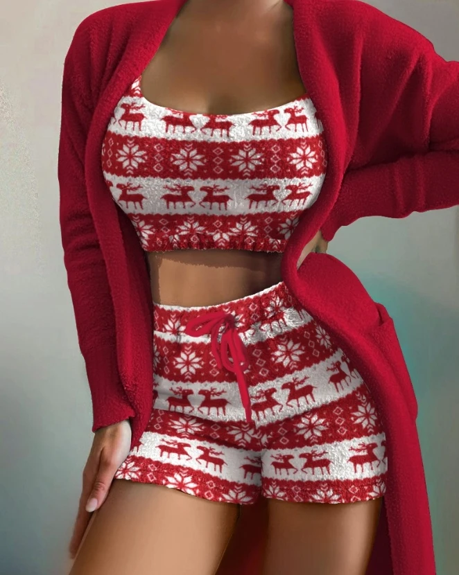 3Pcs Women Outfit 2023 Spring Fashion Christmas Pattern Print U-Neck Spaghetti Strap Fluffy Home Cami Set with Cardigan