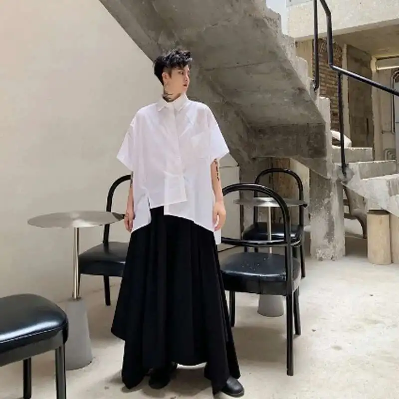 Men Shirts Black Asymmetric Hip White Oversize Style Design Japan Hop Punk Blouse Male Vintage Casual Street Wear Camisa