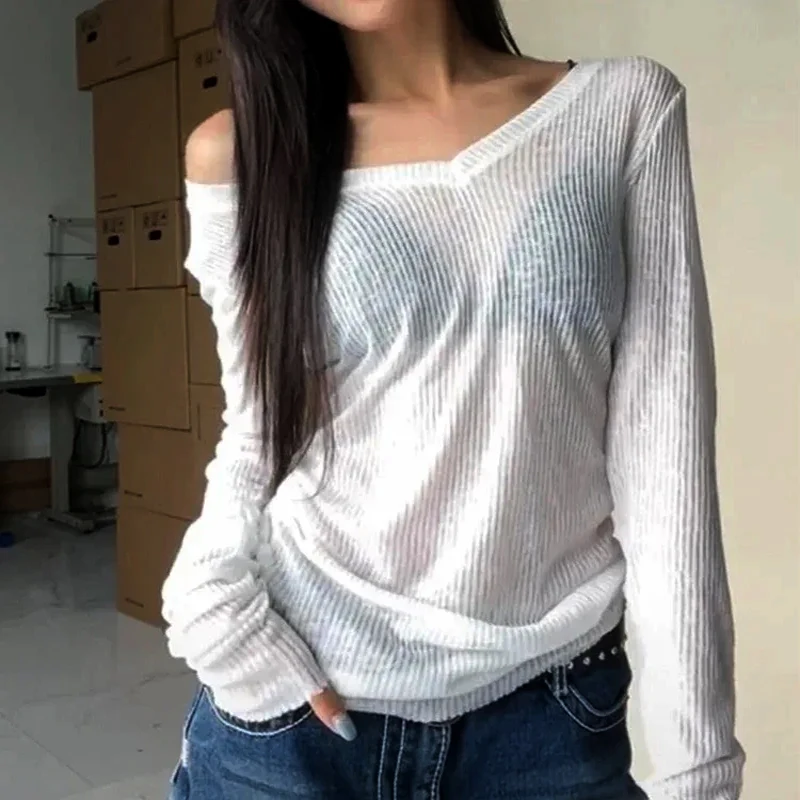 

Women Long Sleeve T Shirt Thin Perspective Summer Solid Slim Casual Shirts Female Pullovers Basic Tee Y2k Clothes Streetwear Top