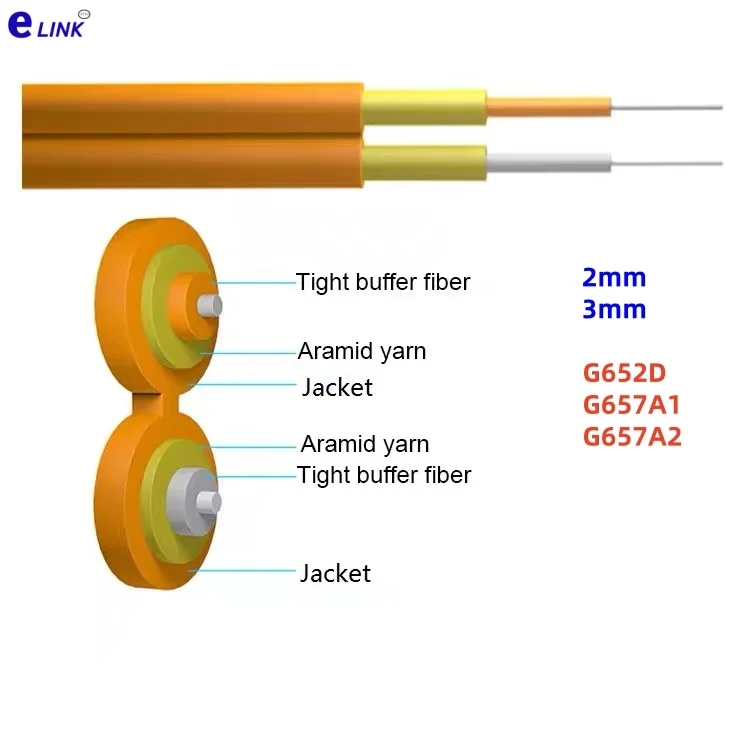 fiber optic cable 1000m duplex SM 2mm LSZH Yellow G657A2 indoor dual core for fiber patchcord 1km/roll ftth wire