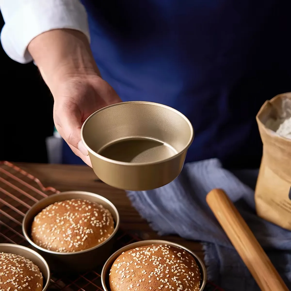 4inch Gold Non-Stick Hamburger Mold Mini Hot Dog Bun Cheese Cake Mold Tool Round 4Pcs
