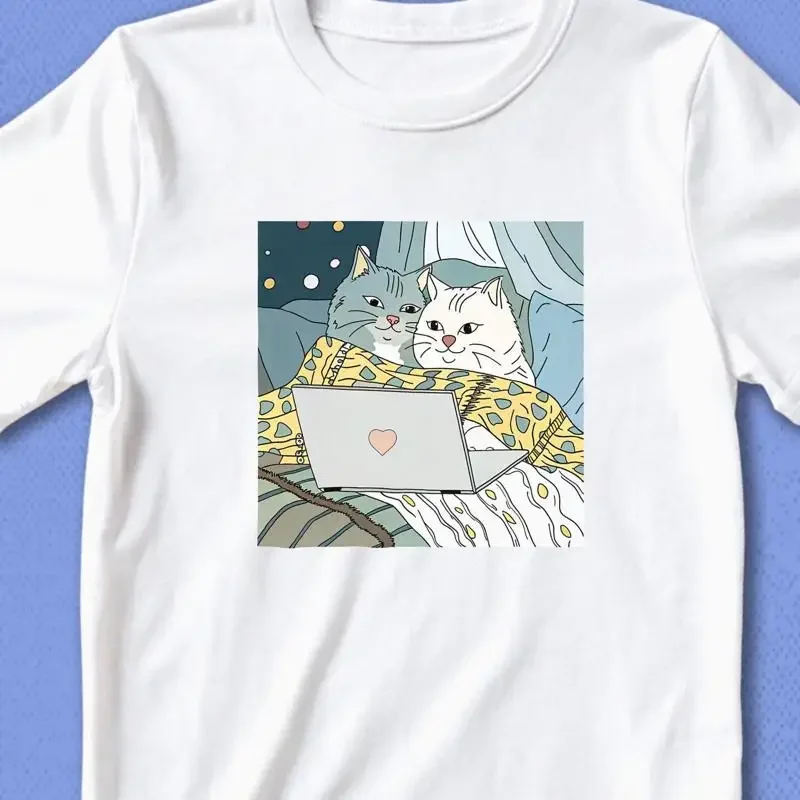 Cat Lover T Shirt Funny Animal Kitten Cute Feline Top for Pet Owners Watching Movie Laptop Design