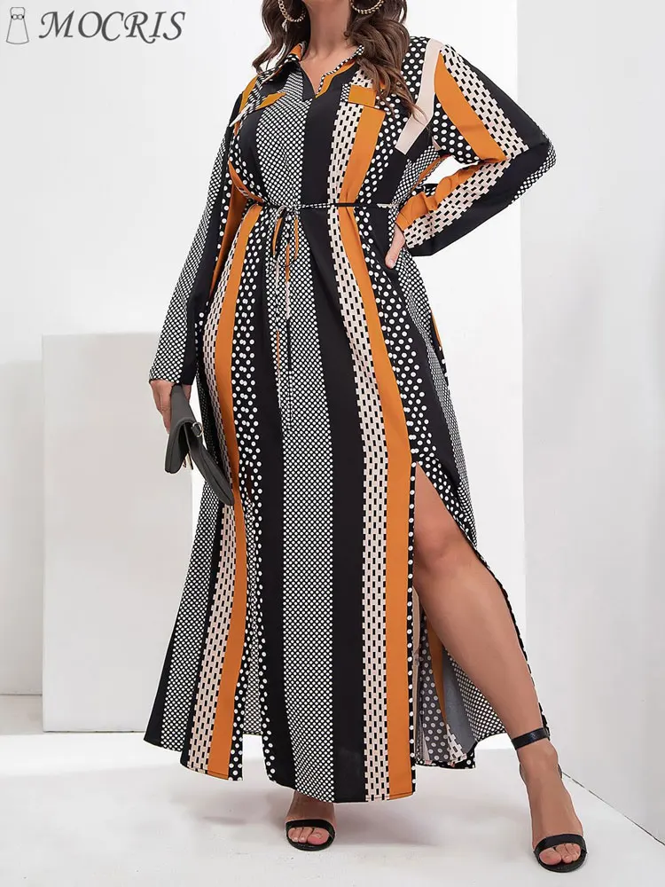 Women's Vintage Dot Print Lace-Up Split Long Dresses with Pockets Long-Sleeved Dress, Casual Elegant and Pretty Plus Size Summer