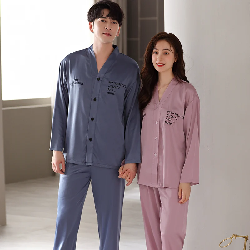 Spring Silk Women's Home Clothes Soft Satin Couple Sleepwear Sexy V Neck Pajama Sets Comfort Button Long Sleeve Pijamas Set