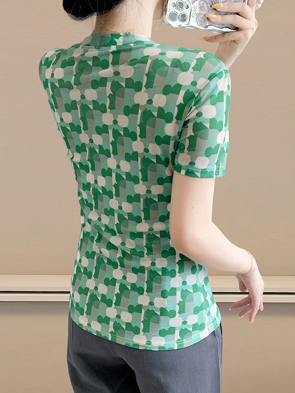 Slim Fit Ice Silk T-irt round Ne ort Sve Women's Faion Summer New Sle European oulder Line Printed Me Top