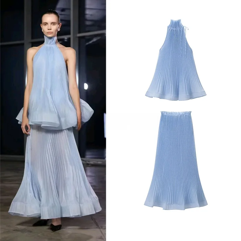

Summer New Women's Long Zipper Style Sleeveless Collar Halter Neck Full Skirt High Waist Pure Color Fashion Set High Waist
