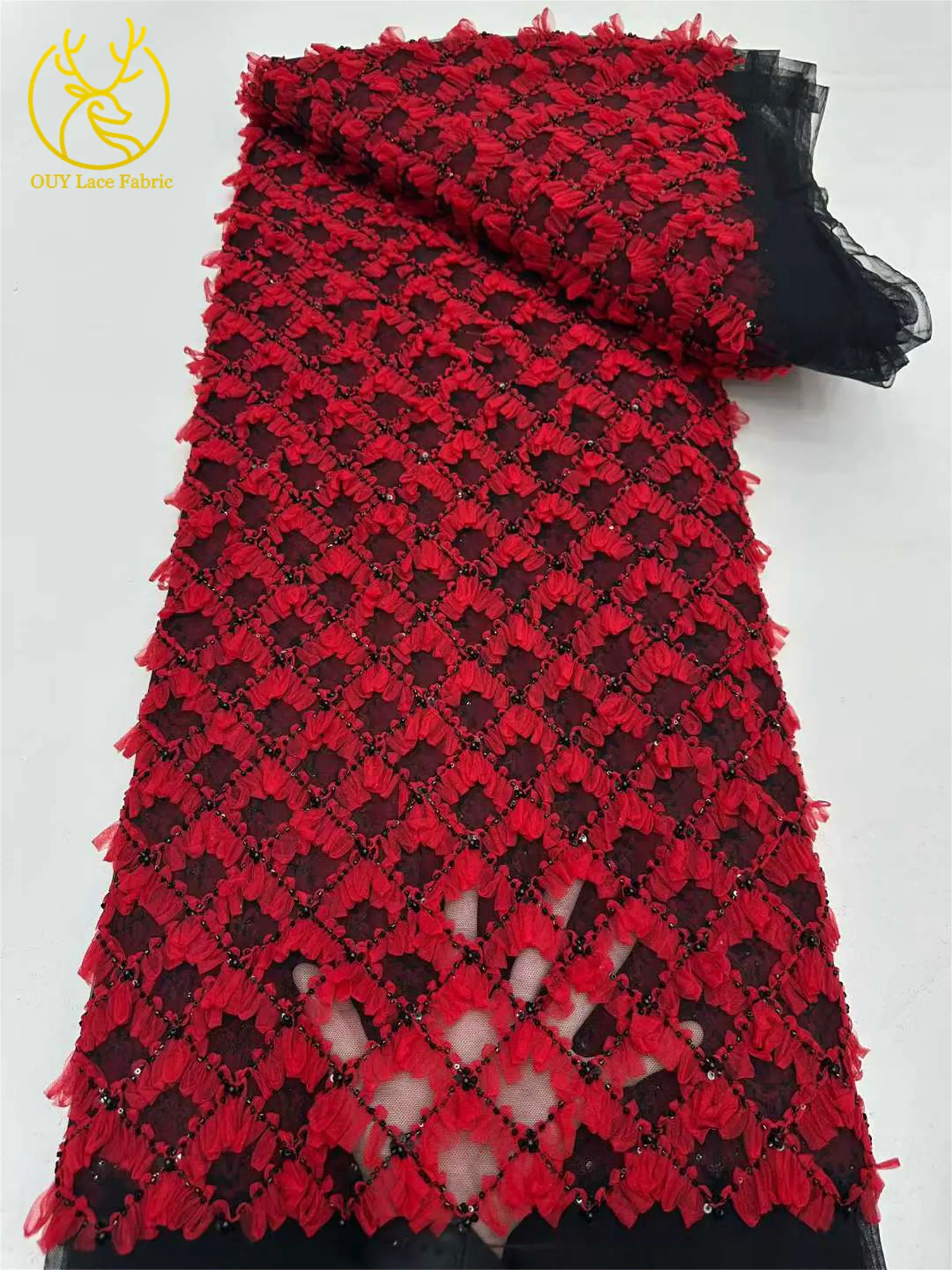 Lila Flieder 3D-Spitzenstoff 2026 Hochwertiger Afrikanischer Pailletten-Perlen-Spitzenstoff für Damen-Abendkleider Nähen 5 Yards – Detail 16
