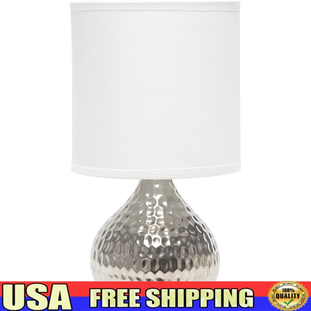 

Mini Hammered Silver Table Lamp with White Fabric Shade E12 Base On Off Switch 40W Equivalent Bulb Not Included Modern Home