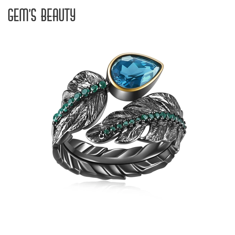 

GEM'S BEAUTY Adjustable Ring Fashion Black Feather Authentic 925 Sterling Silver Open Ring For Women Fine Jewelry Accessories