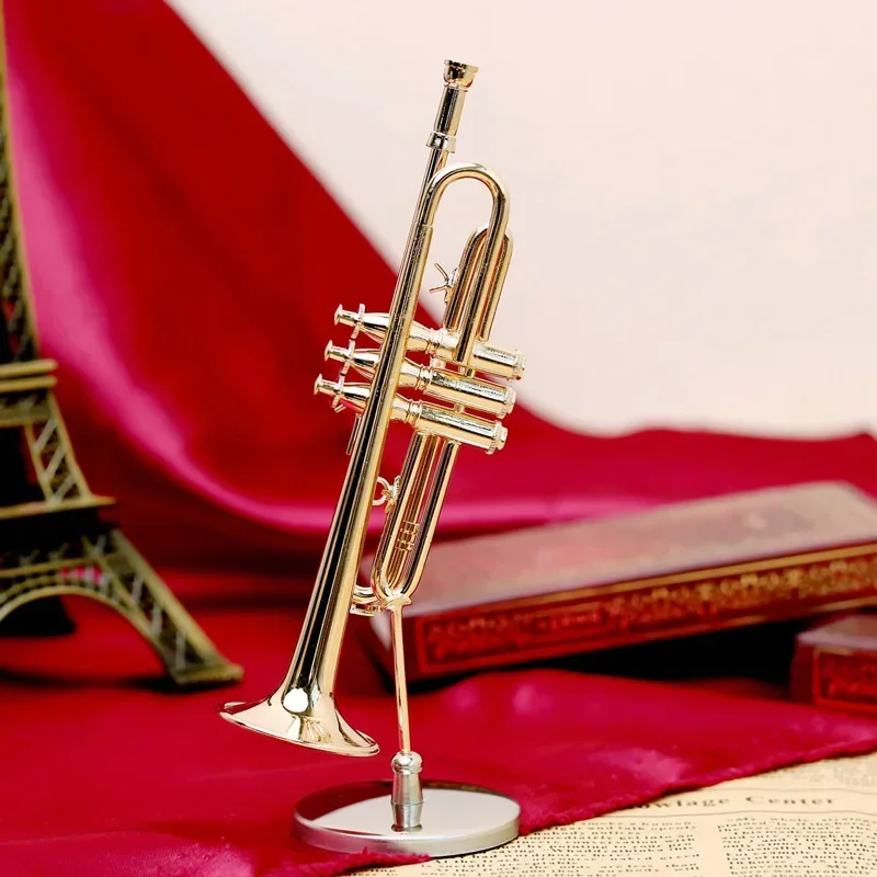 Copper gold-plated Musical Instruments Collection Decorative Ornaments Mini trumpet With Support Miniature Model Decoration Gift