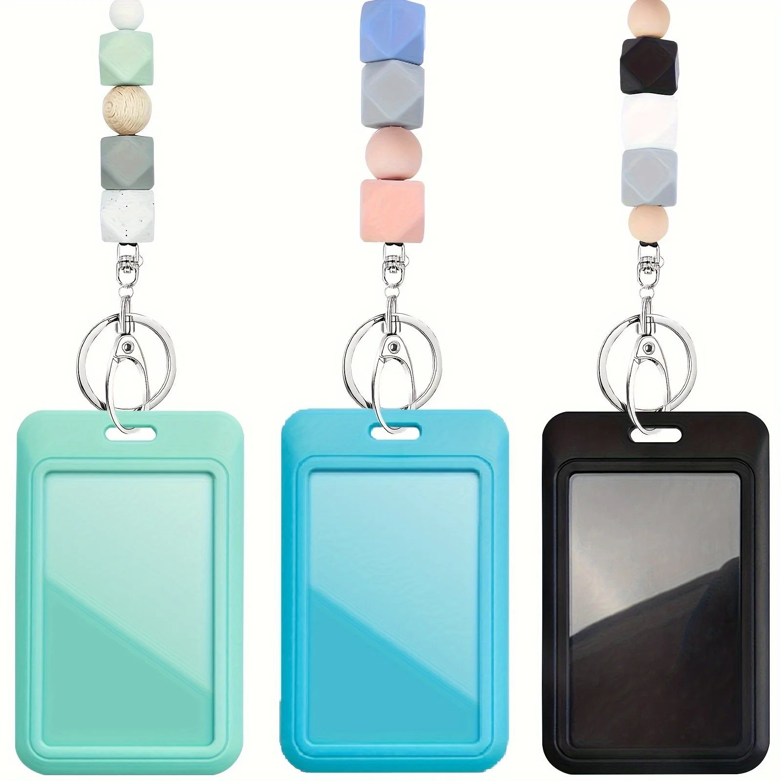 ID Card Holder Lanyard Coloful Silicone Bead Neck Strap with Badge Holder for Keys Keys Keychain Employee Card Badge Holder Gift