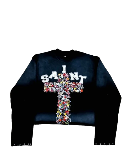 Rhinestone Graphic Sweatshirt Y2K Clothes Mens Harajuku Hip Hop Cross Oversized Sweatshirt Pullover Cotton Long Sleeve Tops