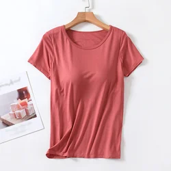 Women's Tops Chest Pad One-piece Bra Cup with Bra Slim t Shirt Female Summer T-shirt Bottoming Shirts Yiun1