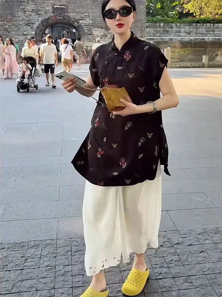 

Young Sle Chinese National Trend Summer 2025 New Faion Tang Suit Top irt Loose Fit Commute Ele Printed Design