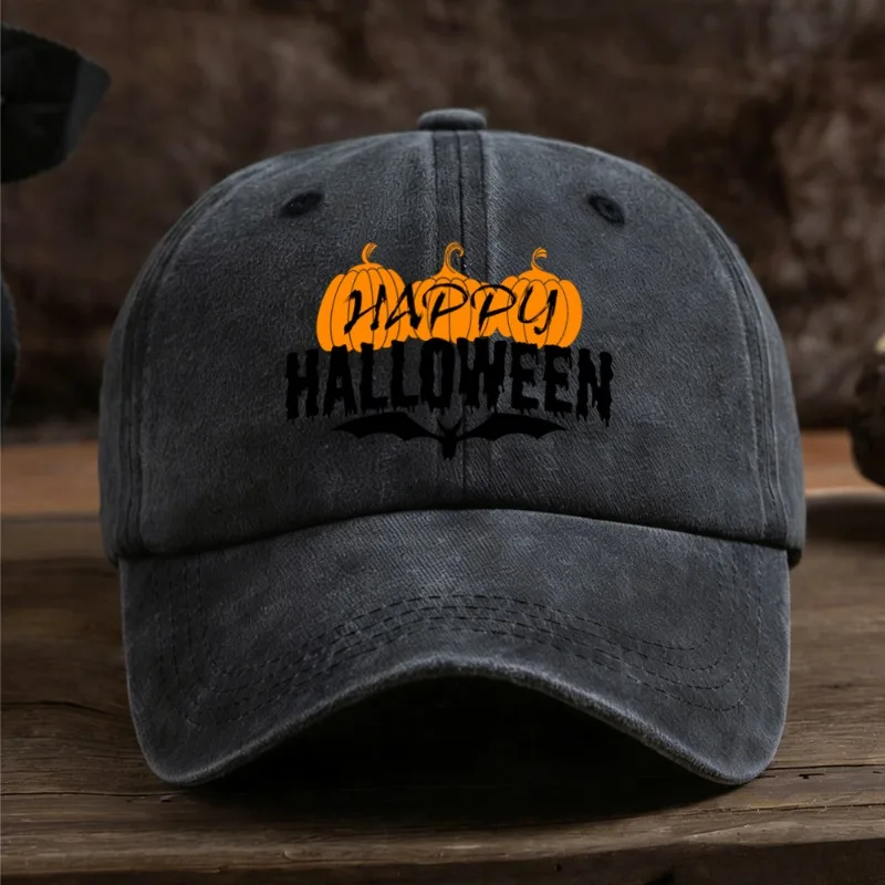 Unisex Retro Washed Cap Happy Halloween Print with Pumpkin Bat Elements Adjustable Back Strap Casual Fall‑Season Party Headwear