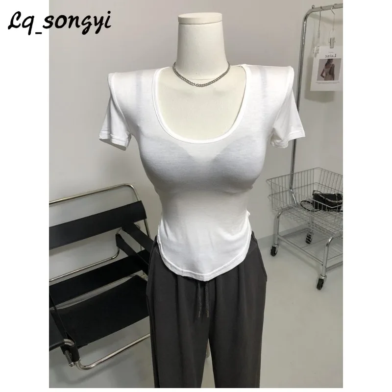 

Lq_songyi Sexy Scoop Neck T Shirts Slim Tops Women 2024 New Summer Short Sleeve Solid Basic Tees See-through Thin Tight T Shirt