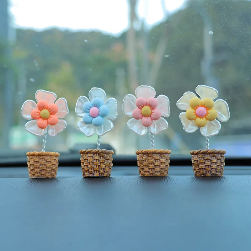 Cartoon Five-petaled Flower Shaking Basin Load Car Interior Center Console Miniature Ornament Accessories Lovely Flower Decor