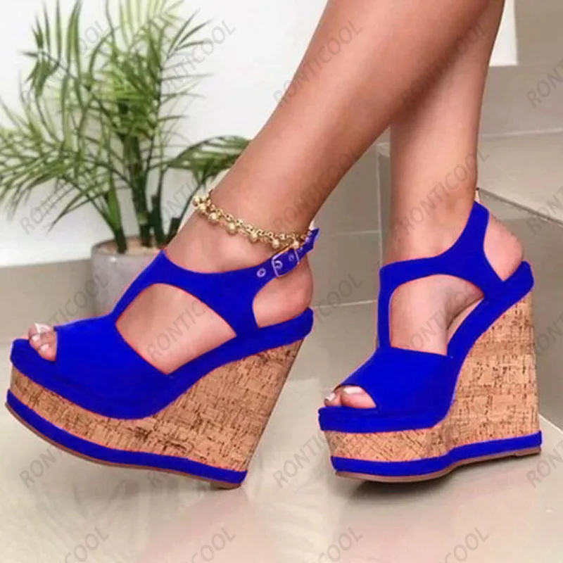 

Ronticool женские летние сандалии ручной работы, замшевые туфли на танкетке с открытым носком, элегантная черная повседневная обувь, женская обувь, размер США, большие размеры 5-20