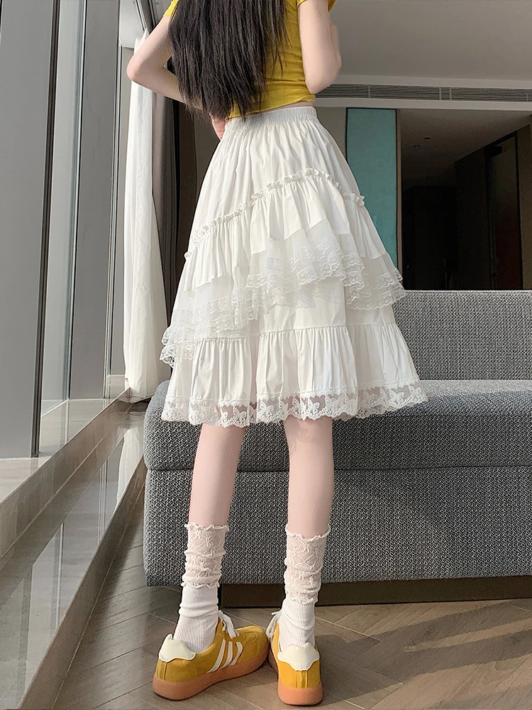 

Белая юбка миди с кружевной отделкой, женская, летняя, красивая, асимметричная, А-силуэт, в корейском стиле, для повседневной носки