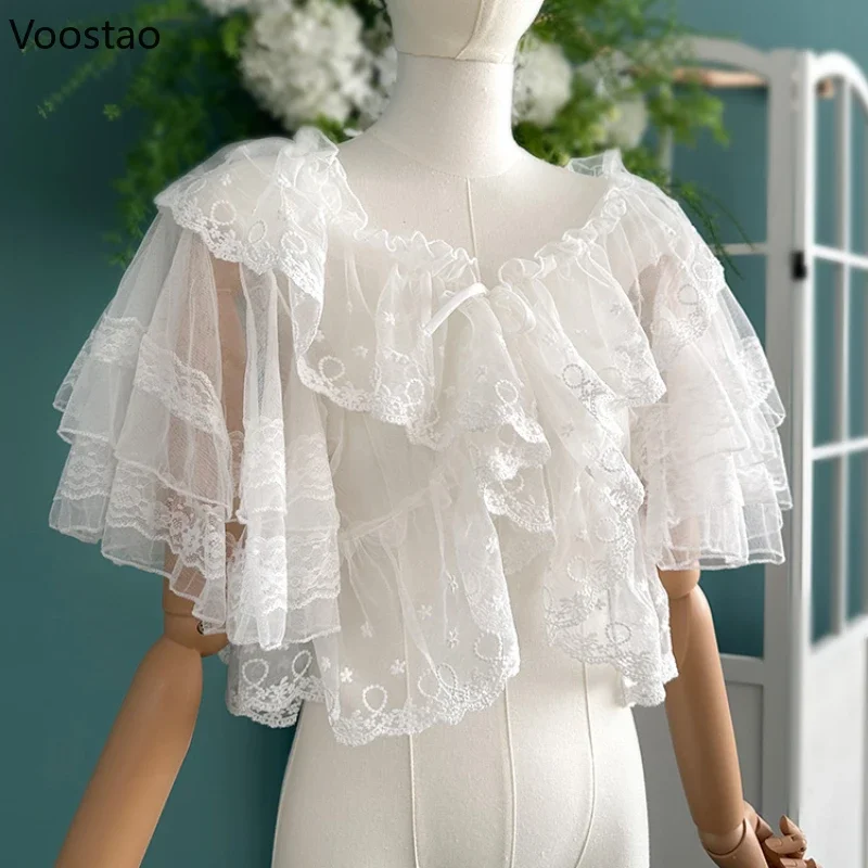 Sweet Lolita Lace Ruffles Short Shawl Women Casual Open Front Mesh Poncho Gothic Girls Y2k Princess Capes Cardigan Crop Tops