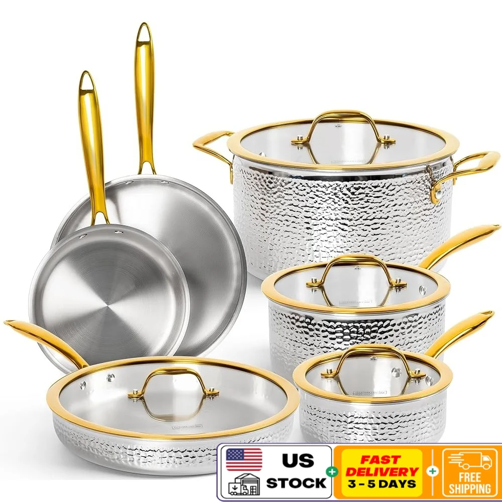 

10-Piece Hammered Stainless Steel Cookware Set Induction Ready Pots Pans Premium Quality Easy Clean Versatile Cooking Essentials