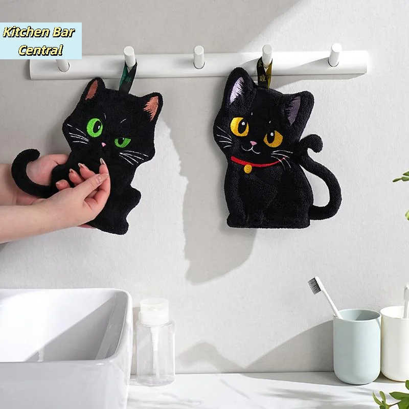 【Cartoon Black Cat Hand Towel Animals Shape Absorbent Hand Cloth Kitchen Cleaning Wipe Cloth Kid Bathroom Hanging Towel】